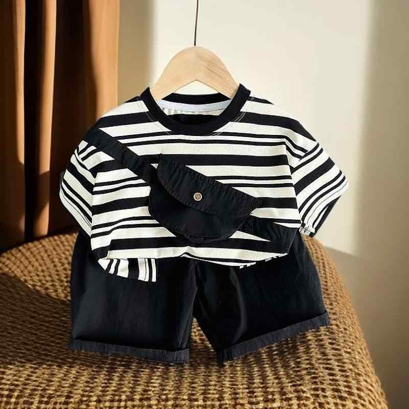 キッズ 夏服 半袖Tシャツ 短パン 上下2点セット ベビー 乳幼児 ボーイズ 男の子 80 90 100 縞模様 綿95% 柔らかい 通園着 普段着 部屋着