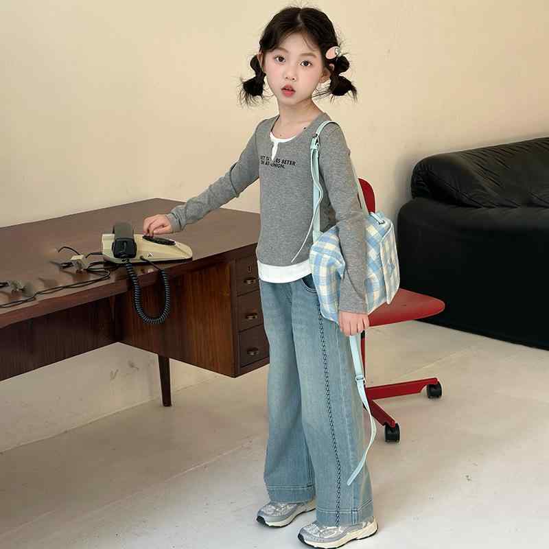 子供服 女の子 秋物 セットアップ 長袖Tシャツ デニムパンツ 2点セット ガールズ 韓国風 かわいい おしゃれ 普段着