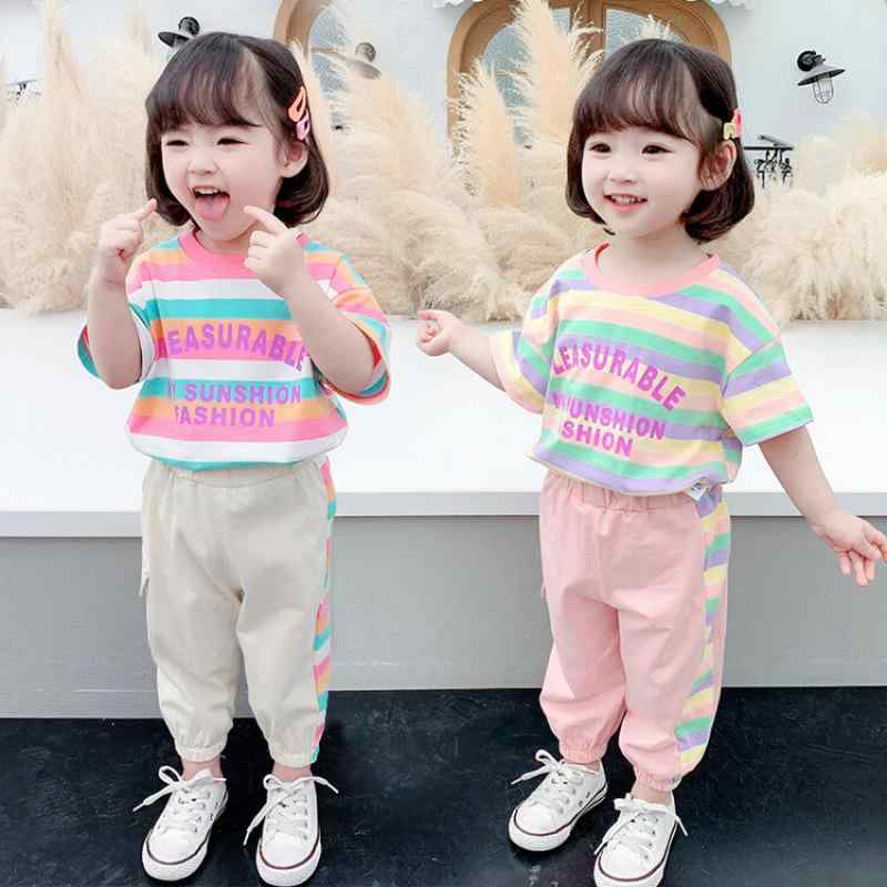 キッズ ガールズ 子供用 上下セット 半袖 Tシャツ 7分丈パンツ 薄手 ストライプ 運動着 普段着 ピンク系 ベージュ系