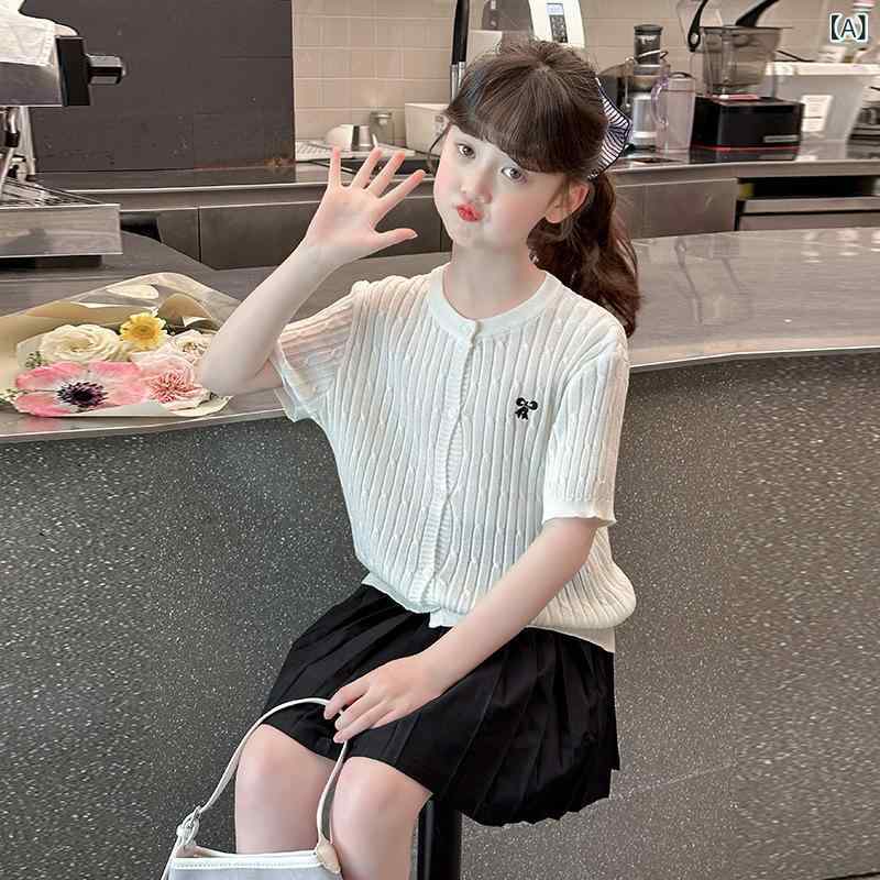 ニット カーディガン ガールズ 薄手 半袖 キッズ サマー 涼しい メッシュ ラウンドネック トップス 女の子 子供 粘? 白 黒 モノトーン 110cm 120cm 130cm 140cm 150cm 160cm 170cm