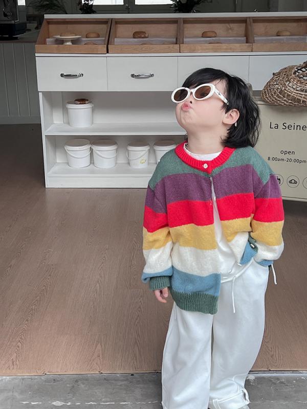 ニット 子供服 レインボー ボーダー カーディガン 男女兼用 アウター 春秋 柔らかい ニット 撞色 ベビー服 トップス 長袖 羽織り