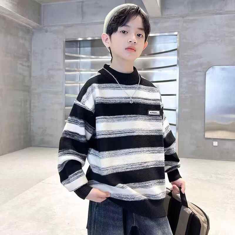 子供服 ニット セーター 男の子 ボーイズ 秋冬 長袖 丸首 ストライプ コットン カジュアル 普段着 通学着 ブラック ブラウン系