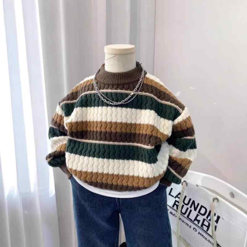 ニット キッズ 男の子 秋冬 厚手 ニット セーター 子供服 ストライプ トップス カットソー 防寒 普段着