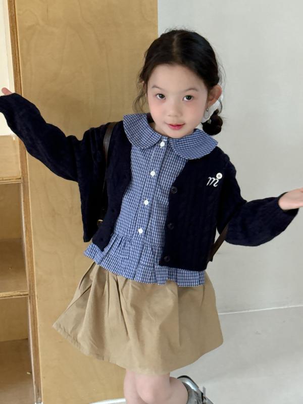 ニット カーディガン 女の子 子供服 韓国風 コットン Vネック セーター アウター 刺・墸 春秋 ネイビー 90 100 110 120 130 140 150