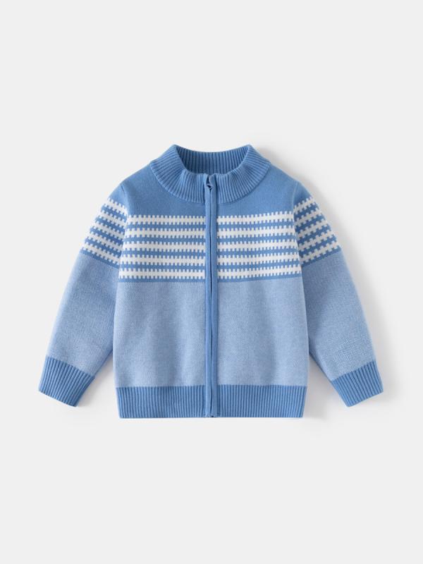 ニット 子供服 男の子 ジップアップ カーディガン ストライプ柄 高襟 3歳 4歳 5歳 6歳 7歳 8歳 ポリエステル 普段使い