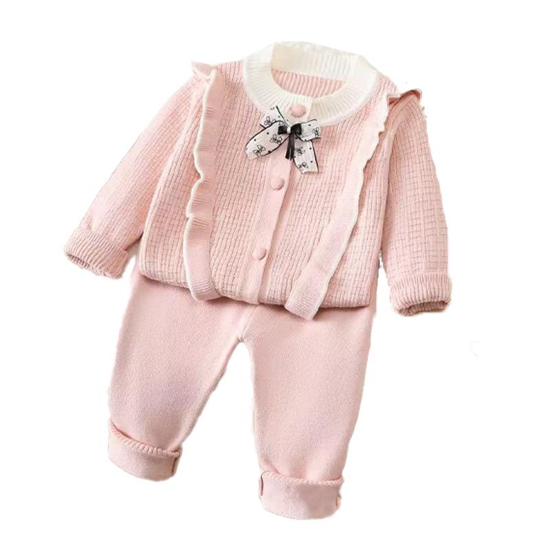 赤ちゃん服 編み物 セットアップ 秋冬 編み物ジレー 可愛らしい 丸首 襟なし 保温 トップス ボトムス