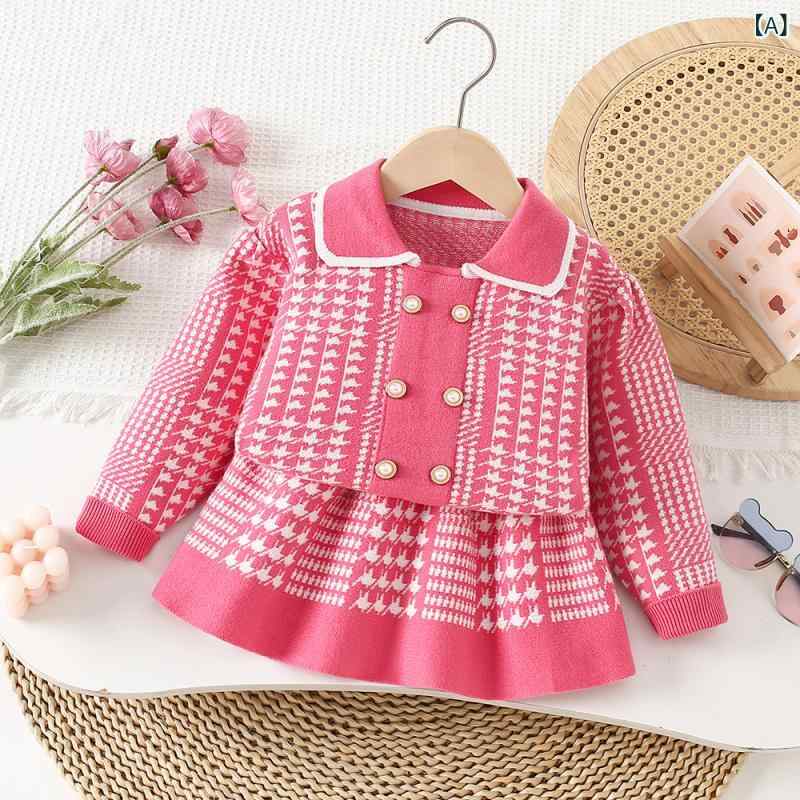 子供服 ニット セットアップ 女の子 千鳥格子 ニット セーター スカート 上下セット 長袖 春秋冬 かわいい おしゃれ ガーリー お出かけ 普段着