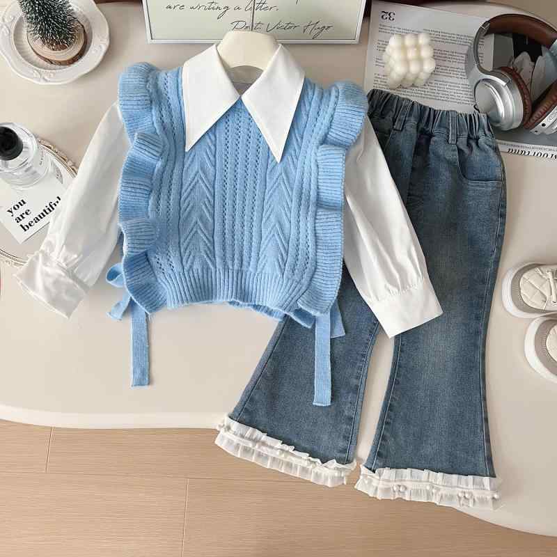子供服 女の子 ニットベスト シャツ デニムパンツ 3点セット 春秋物 かわいい ガールズ おしゃれ着 通園 通学 普段着
