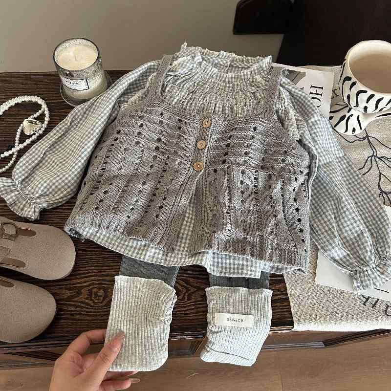 子供服 女の子 格子柄シャツ ニットキャミソール付きパンツ 3点セット 春物