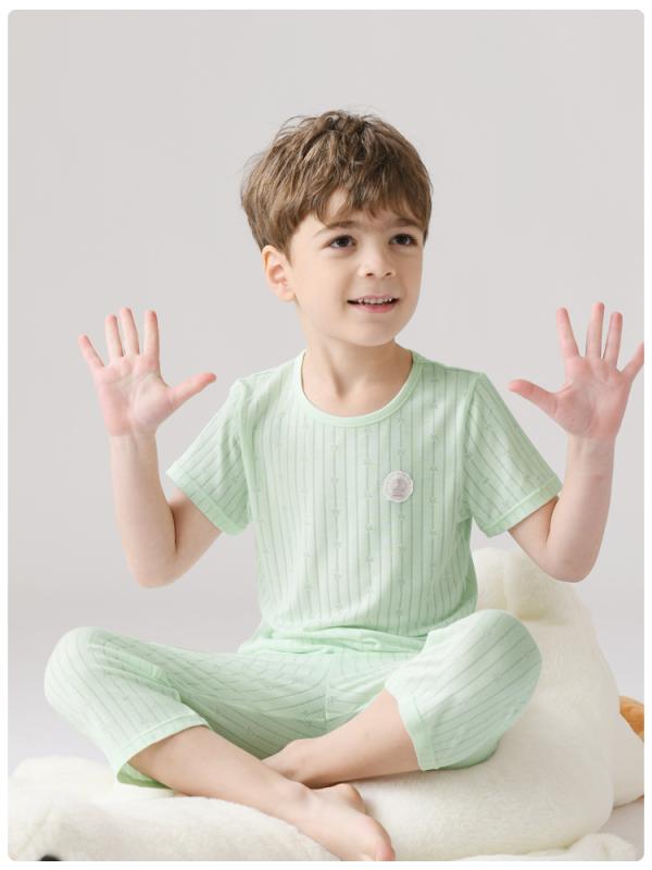 子供用Tシャツ & 7分丈パンツ セットアップ 春夏 薄手 再生繊維 半袖 男女兼用 ルームウェア パジャマ 涼しい 快適
