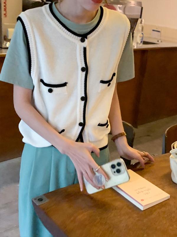 ニット レディース ニットベスト カーディガン 配色 ラウンドネック コットン ゆったり かわいい 韓国風 カジュアル 普段使い 部屋着 春秋