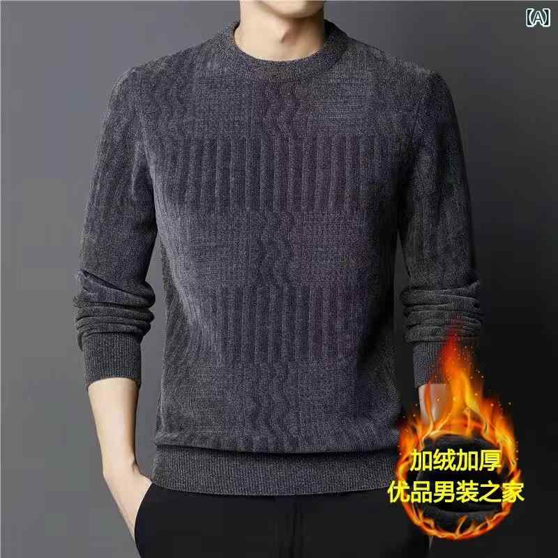 ニット メンズ 秋冬 裏起毛 セーター 厚手 防寒 あったか 丸首 トップス シニア 向け 普段使い ウォーム 部屋着 雪尼ール グレー ブルー ブラック