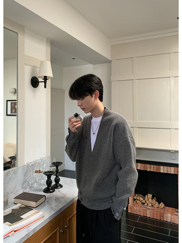 ニット カーディガン メンズ 春秋 長袖 ルーズ フード付き ポリエステル トップス 韓国風 カジュアル 灰色 黒色