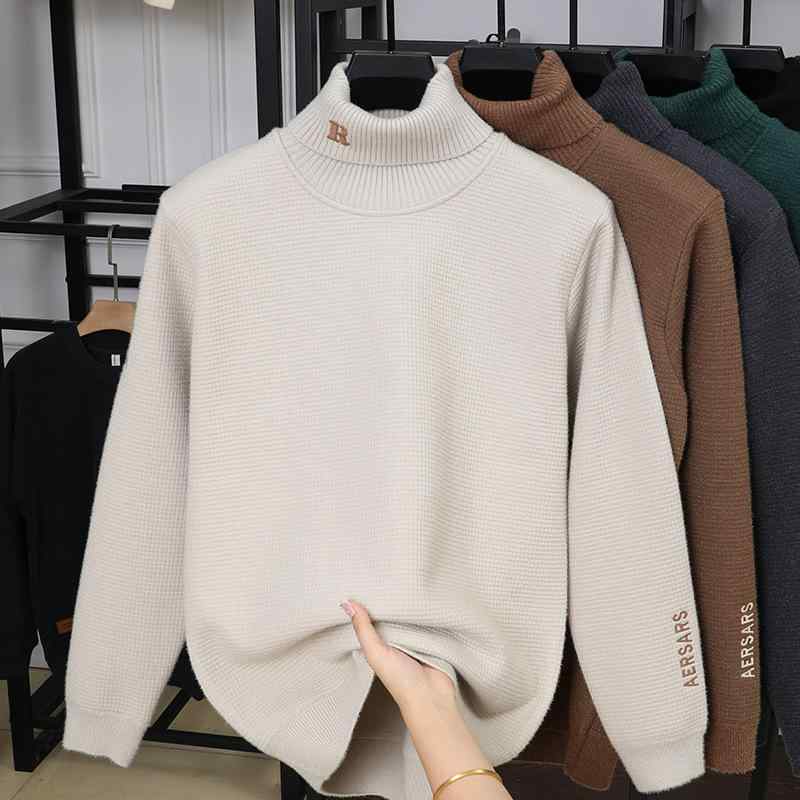 編み物 メンズ 成人男性用 ハイネック ティーシャツ 秋冬 裏起毛 生あたたかい トップス ゆったり 伸縮性 ポリエステル 入り合わせる色合い スポーティー 心地よい ミディアムグレー