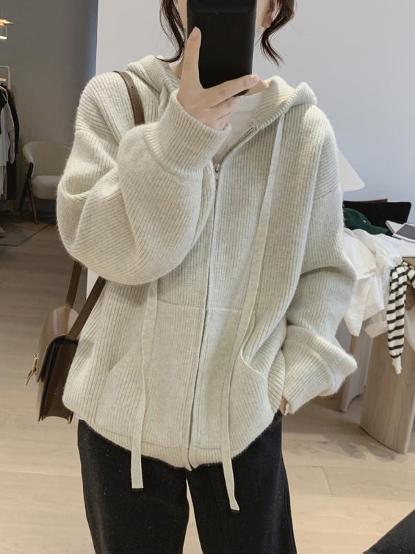 編み物 ジレー レディース 秋冬 韓国風 ゆるかわ 有線テレビ編み 長袖 パーカー アウター 羽織り ゆったり 今めかしい 愛くるしい 杏色 青碧 さくら色 黄色