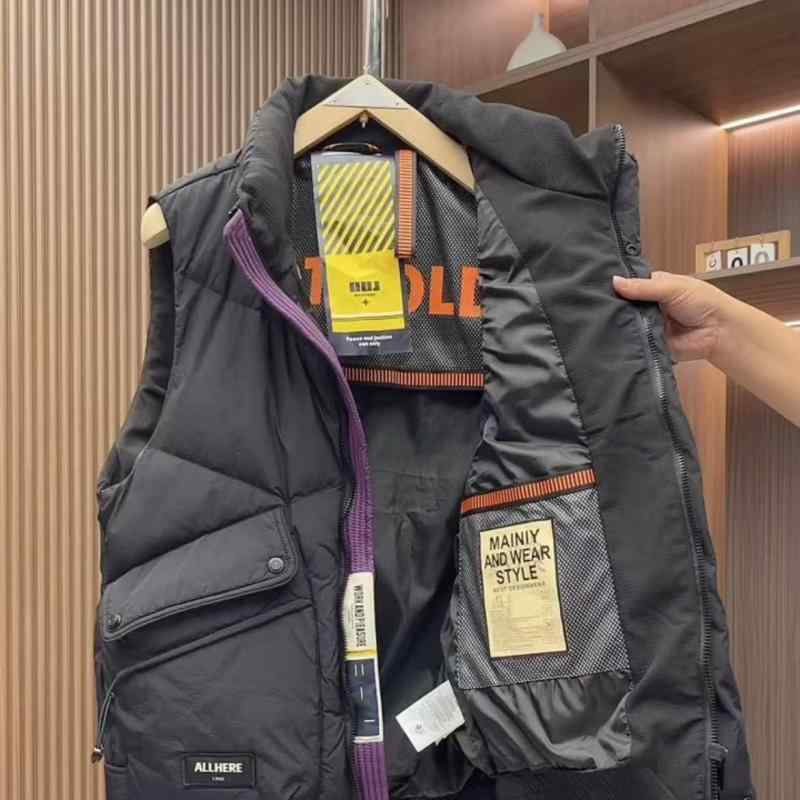 ダウンベスト 男性用 秋冬 立襟 防寒 厚手 白ダックダウン ゆったり 黒 コーデュロイ