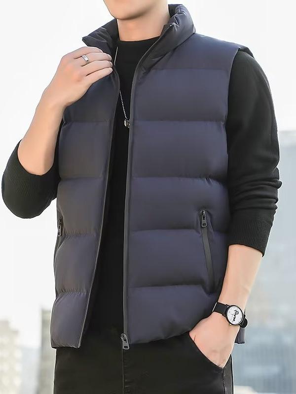 ダウンベスト 男性用 大きいサイズ 防寒着 チョッキ 中綿ベスト 秋冬 アウター 立襟 暖かい 無袖 ポリエステル 黒 グレー 紺 赤