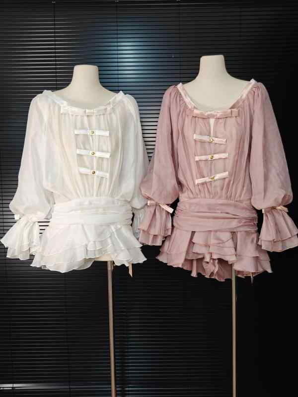 ワンピース レディース 春夏 ミニ Aライン 接触冷感 コットン 裾フリル 蝶結び ジルコニア パフスリーブ ゴムウエスト ピンク系｜シャドーテール