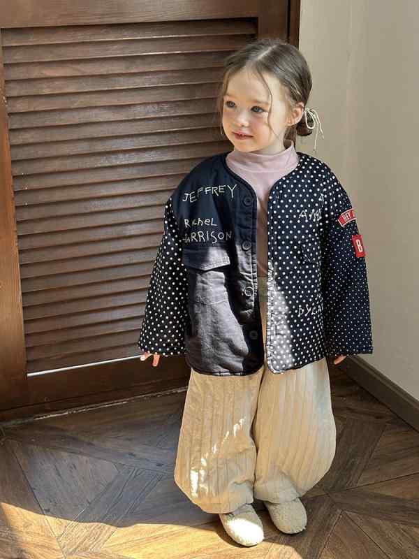 子供服 コットンジャケット 秋冬 男女兼用 パッチワーク ドット柄 丸首 厚手 防寒 アウター 90cm 100cm 110cm 120cm 130cm 140cm 150cm