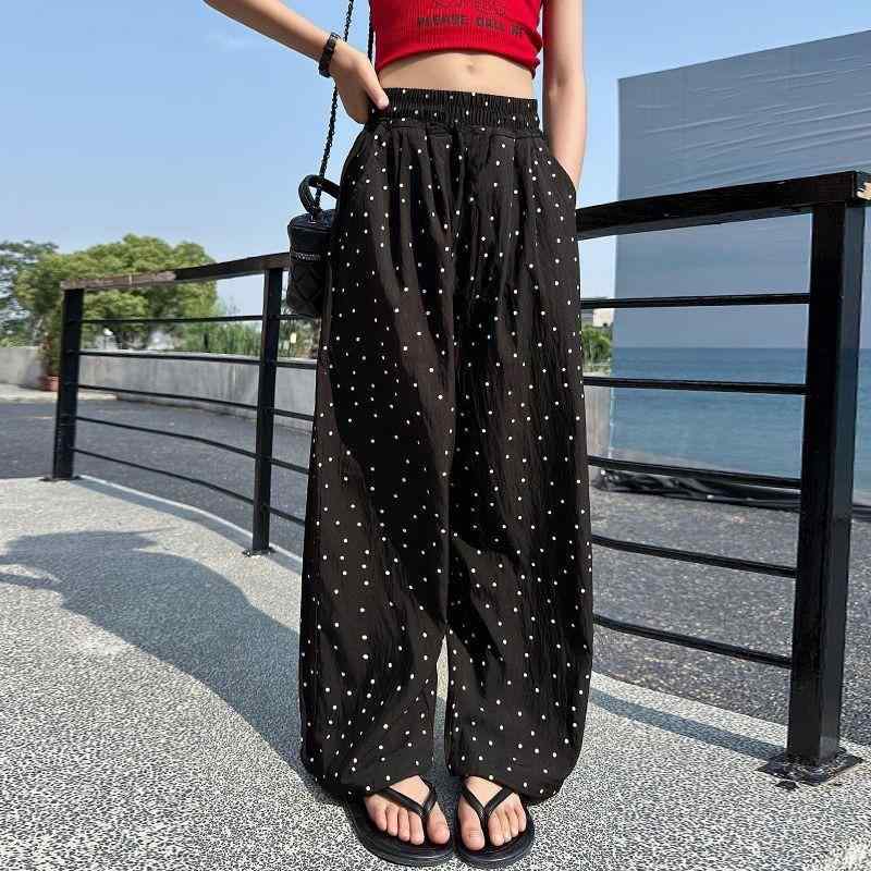子供服 パンツ 女の子 水玉模様 ストレートパンツ 春夏 薄手 カジュアルパンツ ゆったり 高学年 女児 ガールズ ズボン ボトムス ブラック ピンク系 カーキ色 120cm 130cm 140cm 150cm 160cm 170cm