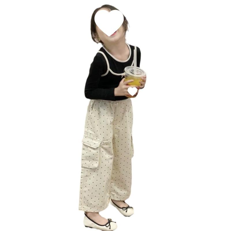 キッズ 女の子 長袖Tシャツ 吊りスカート セットアップ 水玉模様 韓国風 子供服 トップス パンツ 2点セット 普段着