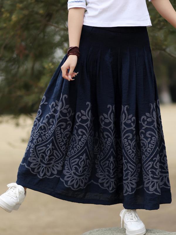 スカート レディース 秋冬 刺繍 ふんわり 刺しゅう ミモレ丈 フレアスカート ゆったり おしゃれ かわいい レトロ 文芸風 ゴムウエスト 綿混織 提花 深藍色｜シャドーテール
