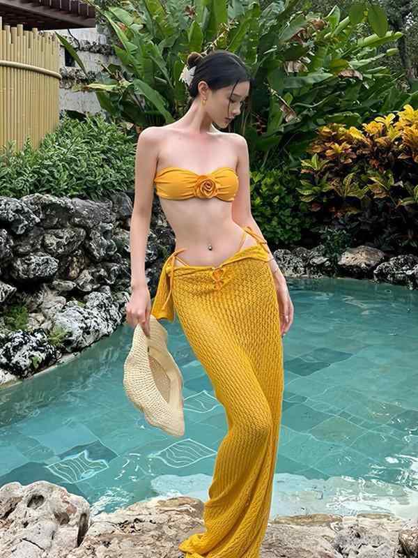 水着 レディース ビキニ 花柄 セパレート スイムウェア 3点セット 高腰 温泉 海 リゾート パープル イエロー