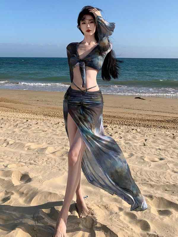 ビキニ レディース 水着 体型カバー セパレート 4点セット ワンピース 長袖 欧米風 セクシー 細見え 温泉 リゾート 体系カバー 露出少なめ ポリエステル