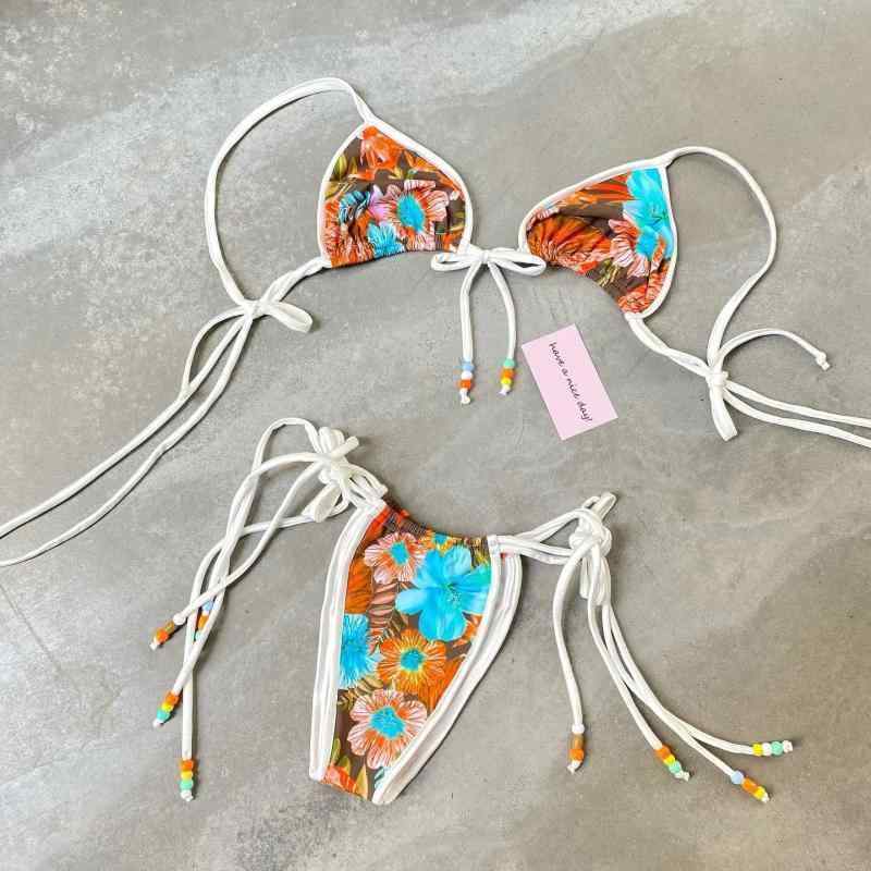 水着 レディース ビキニ セットアップ ブルー 花柄 胸パッド付き ナイロン ショーツ 海水浴 プール
