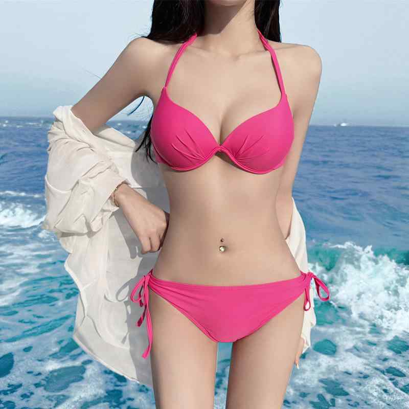 水着 レディース ビキニ ピンク系 ローズレッド ホルターネック ビーチ リゾート 無地 パッド付き セクシー スタイル
