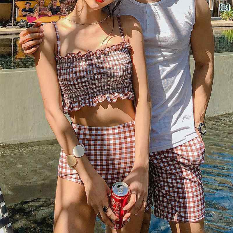 水着 レディース セパレート ビキニ 体型カバー バンドゥ セクシー ショーツ ビーチパンツ リゾート スイムウェア 格子柄 体系隠し 女性用
