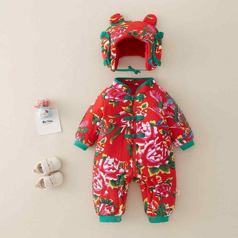 ベビー服 秋冬 長袖ロンパース 新生児 中国風 綿100% 前開き 厚手 防寒 カバーオール 帽子付き 66cm 73cm 80cm 90cm 100cm