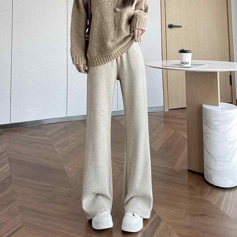パンツ レディース 小柄 アクリル 直筒パンツ ズボン 秋冬 裏起毛 9分丈 ウエストゴム 普段使い 通勤着 リラックス 燕麦 黒グレー