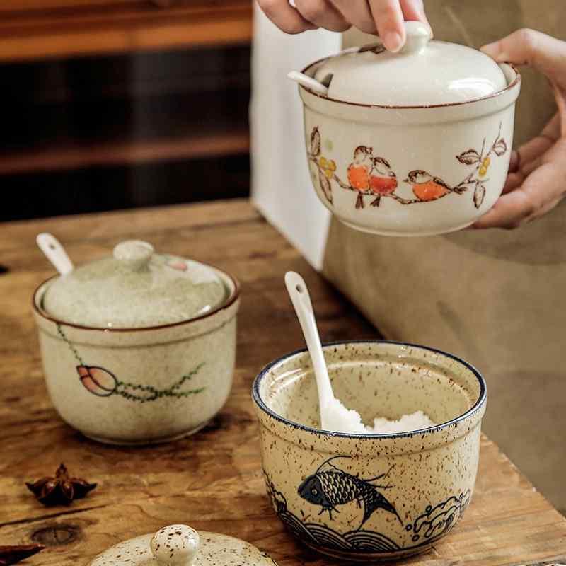 調味料入れ 塩 砂糖 スパイス 容器 陶器製 大容量 キッチン 新中式 蓋 スプーン付き おしゃれ かわいい 保存容器 卓上 花柄
