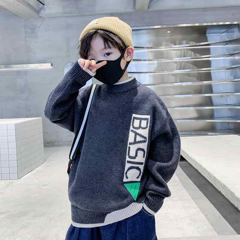 子供服 セーター 男の子 ニット トップス 秋冬 ボーイズ 8歳以上 140cm以上 丸首 長袖 プルオーバー 灰色 カーキ色 普段着 おしゃれ着 かわいい アルファベット柄