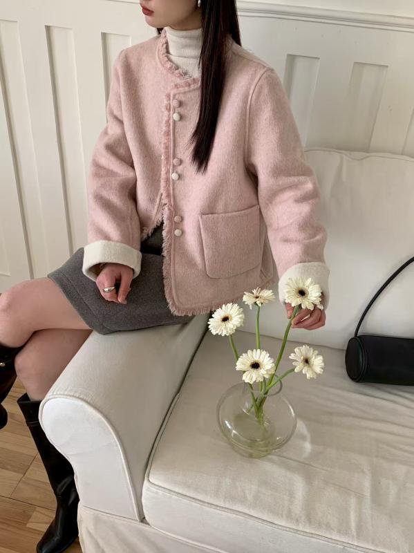 コート レディース 秋冬 韓国風 かわいい ショート丈 ウール ゆったり ラウンドネック 長袖 通勤 きれいめ イエロー ブルー ピンク系