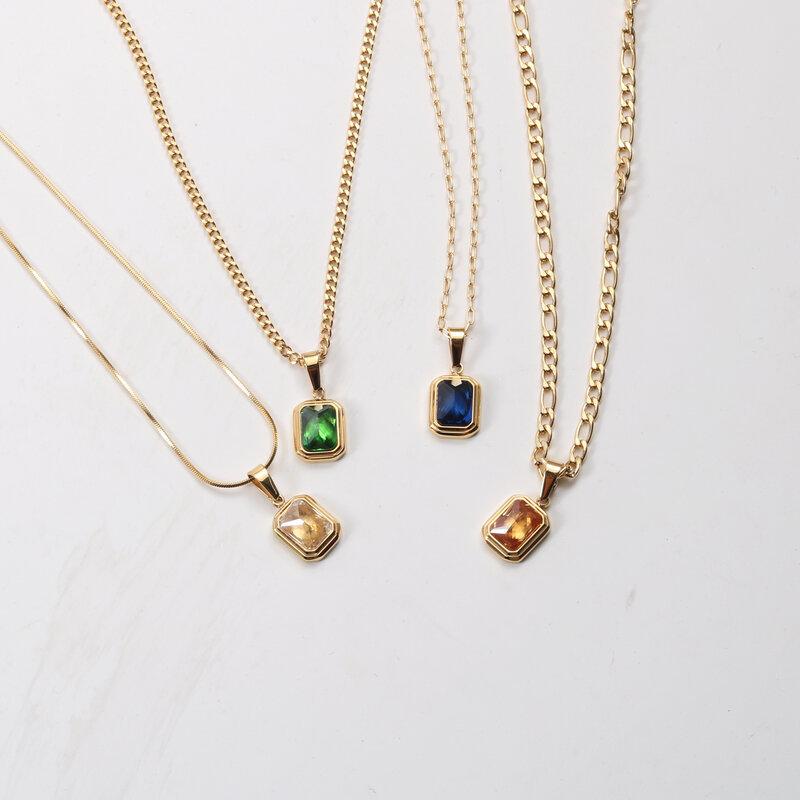 ネックレス レディース 18K 宝石風 ジルコニア ペンダント チョーカー チタン製 電気メッキ加工 ラッキーアイテム 緑 青 紫 赤