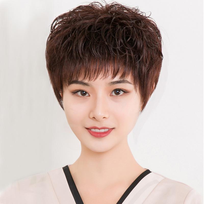 ウィッグ レディース ミセス ショート 自然な黒髪 茶髪 母 女性用 かつら ヘアピース 真人毛 医療用 全頭かつら