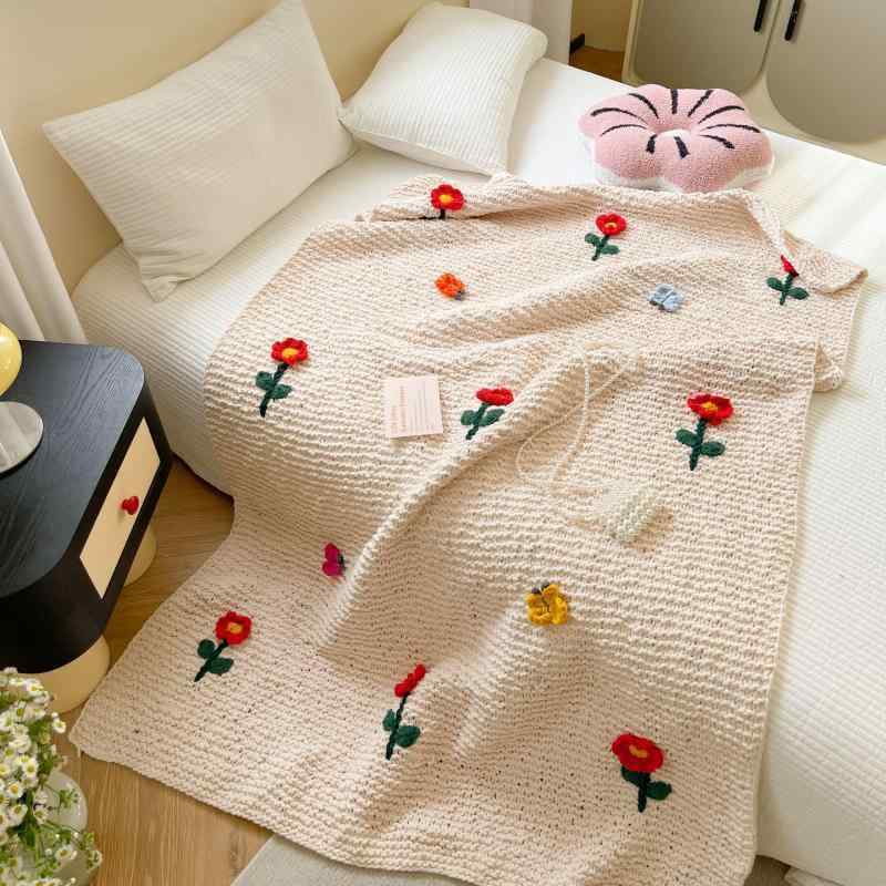 ブランケット 毛布 立体 花柄 かぎ針編み風 厚手 ニット 秋冬 軽量 あったか 暖かい ひざ掛け 肩掛け 膝掛け 寝具 ベッド ソファ リビング カフェ