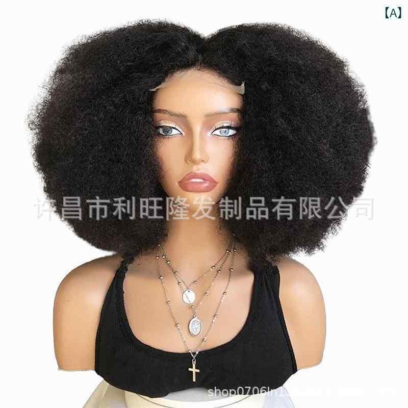 ウィッグ レースフロント アフロ カール ブレンド ヘア 18inch 黒髪 女性用 4*4 巻き髪 おしゃれ