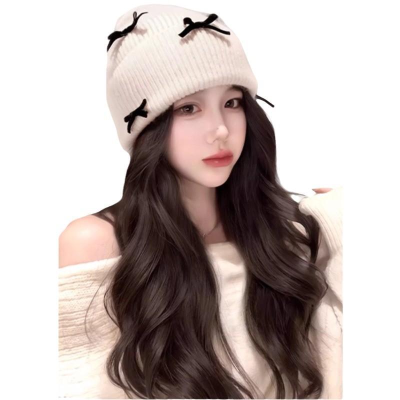 帽子 レディース ウィッグ 取り外し可能 ファッション ロング カール ヘア 蝶結び ニット帽子 ヘアピース 装着簡単 イメチェン 普段使い おしゃれ かわいい
