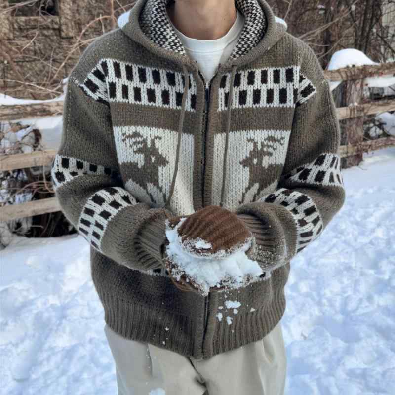 ニット メンズ カーディガン 秋冬 フェアアイル柄 ジップアップ パーカー 長袖 ゆったり 接触冷感 杏色 グレー トップス 男性用 普段使い 部屋着