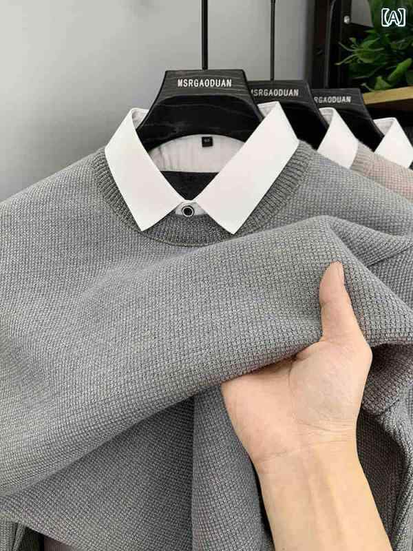 ニット メンズ 男性用 裏起毛 セーター シャツ襟 フェイクレイヤード 秋冬 防寒 暖かい プルオーバー ポリエステル 普段使い 部屋着 グレー グリーン ベージュ