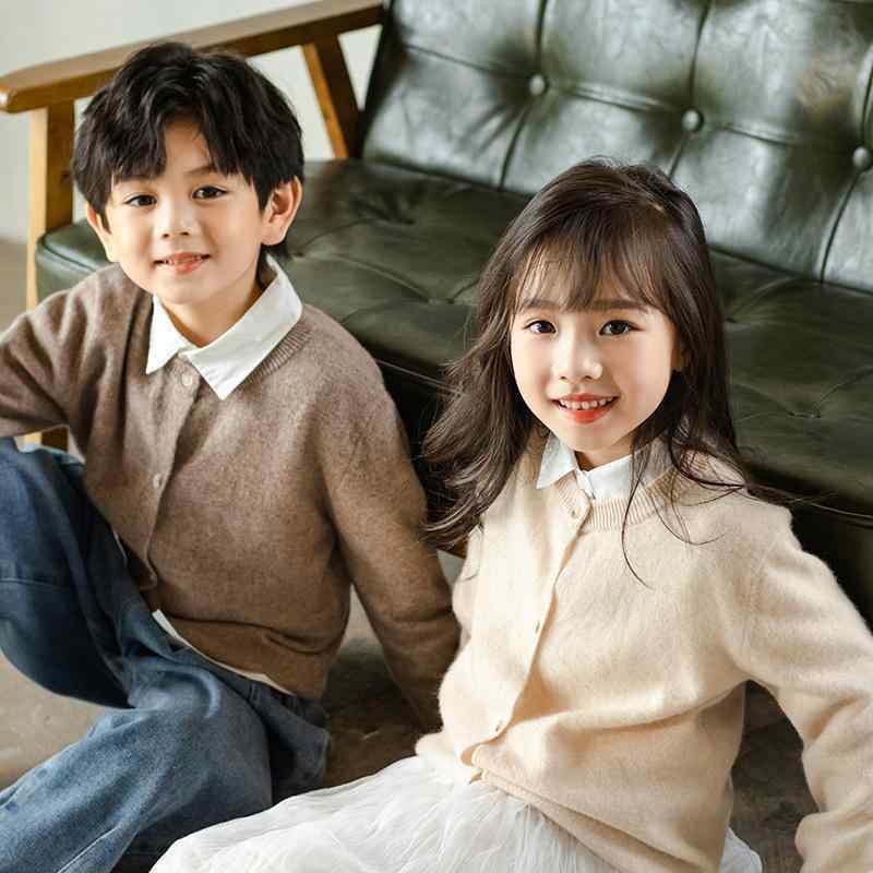 子供服 カーディガン 秋冬 100% ピュアウール ニット セーター 長袖 無地 男女兼用 キッズ ベビー ラウンドネック アウター 羽織り 厚手 黒 ピンク系 グリーン系 ベージュ キャメル 100cm 110cm 120cm 130cm 140cm