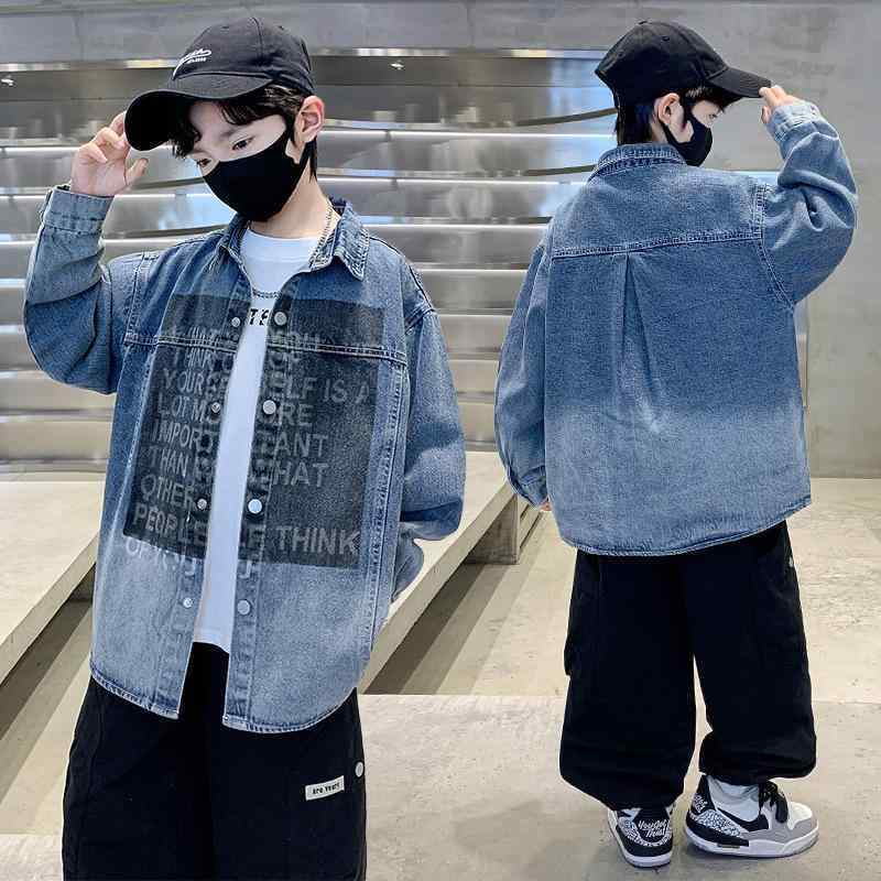 キッズ 男の子 デニムシャツ ジャケット 春秋 アウター カジュアル 長袖 普段使い 通学 伸縮性 コットン