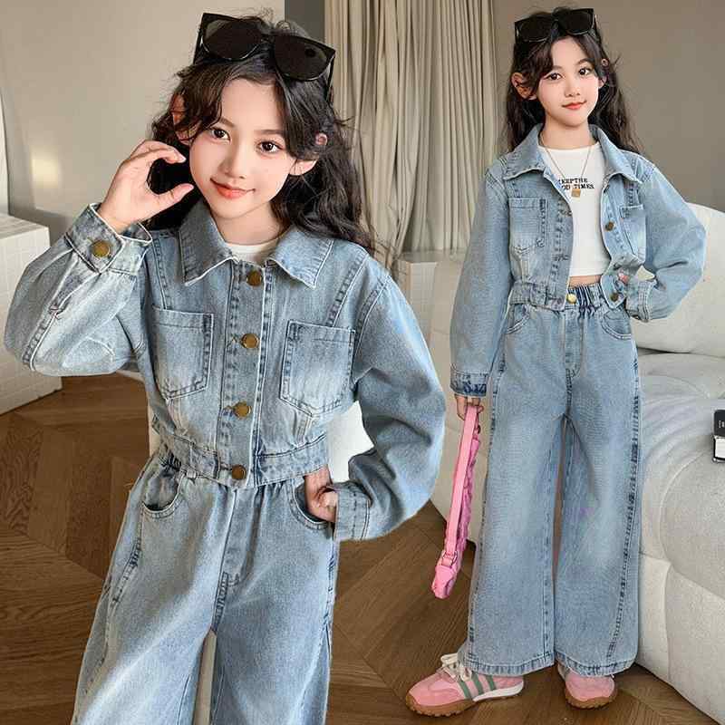 子供服 デニムセットアップ 女の子 春秋 ジャケット パンツ 2点セット 中学生 小学生 ガールズ 子供用 上下セット 通学着 デイリー 普段着 長袖 アウター ロングパンツ 綿