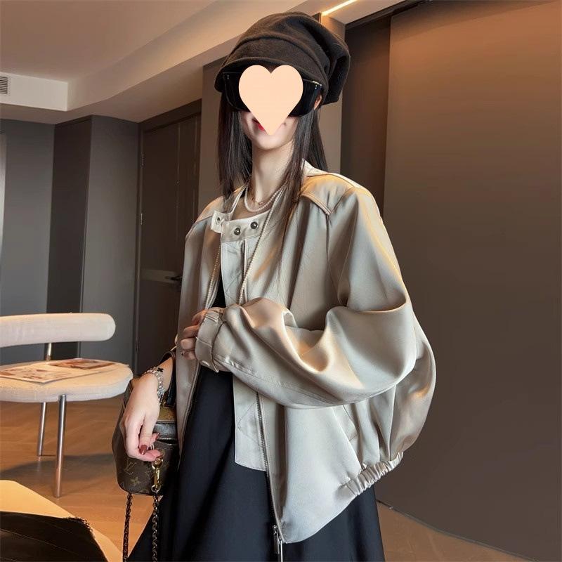 ジャケット レディース 春 アウター サテン デザイナーズ ゆったり 野球服風 トップス おしゃれ ブラック系 カーキ 5,399円