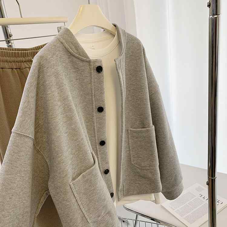 ジャケット レディース 野球 厚手 ゆったり Vネック カーディガン アウター トップス 灰色 杏色 黒 ポケット ボタン プリント 私服 名媛 御姐 5,108円