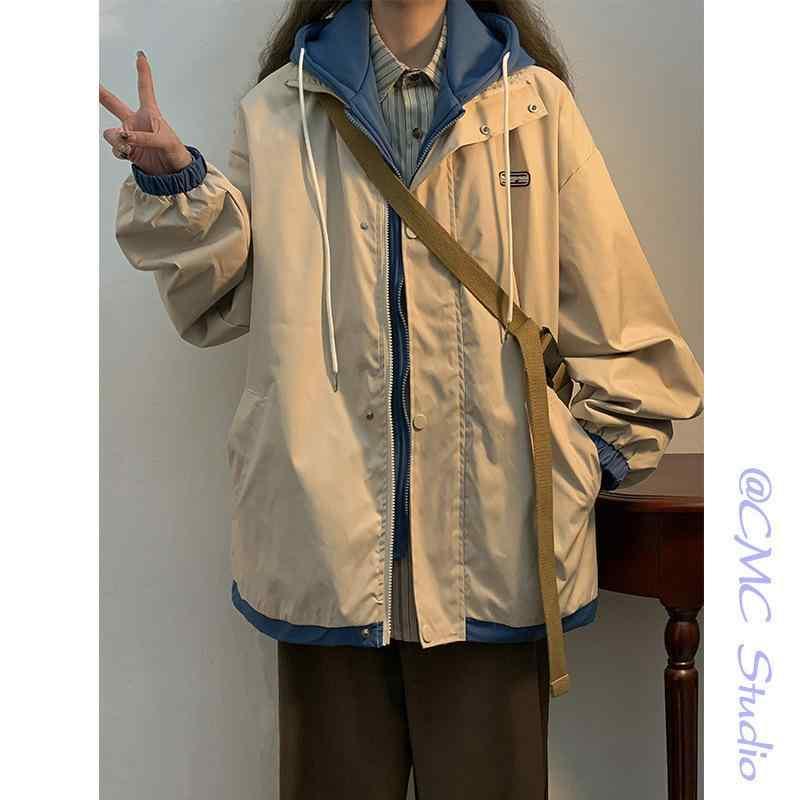 ジャケット レディース アメリカンスタイル フェイクレイヤード ベースボール 春秋 シック デザイン 個性的 アウター 灰色 黒色 杏色 ポリエステル
