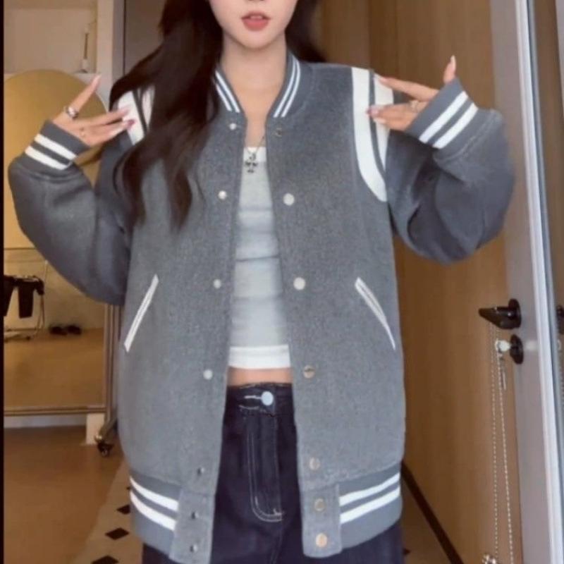 ジャケット レディース グレー アウター 秋冬 ブルゾン 野球服風 ショート丈 学院風 ゆったり 普段使い 通勤